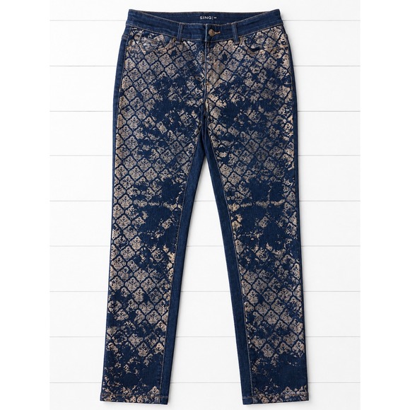 Chico's Denim - Chicos Platinum Jegging Denim Metallic Gold Foil Damask Print‎ Pants Size 00